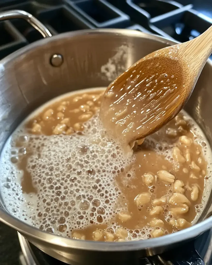 Bubbling sugar-free peanut brittle mixture with peanuts stirred in a saucepan using a wooden spoon