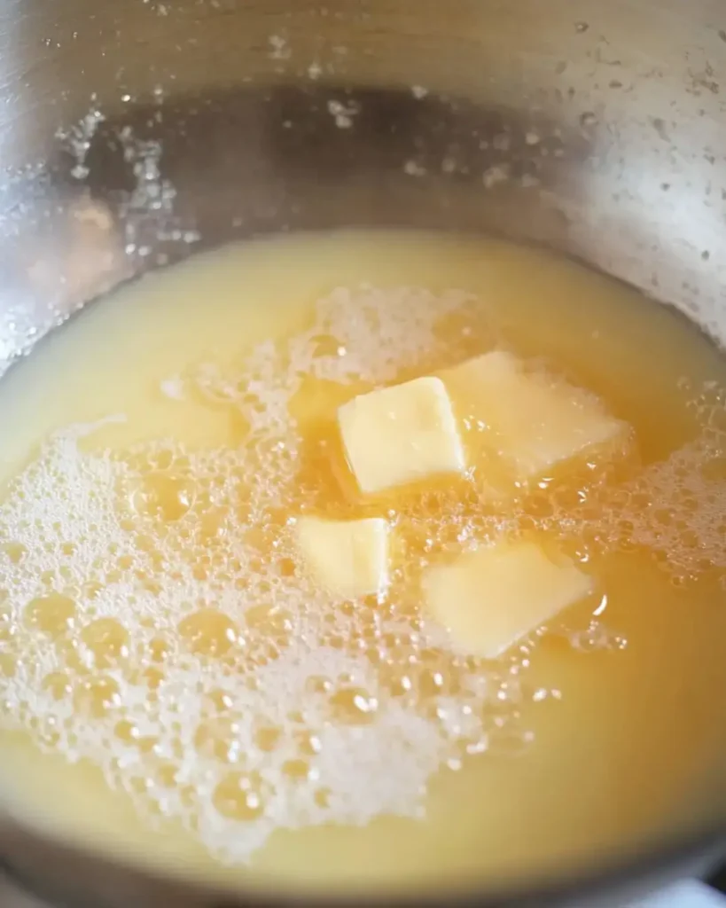 Butter melting in a bubbling low-carb sweetener base inside a stainless steel pot for sugar-free peanut brittle.