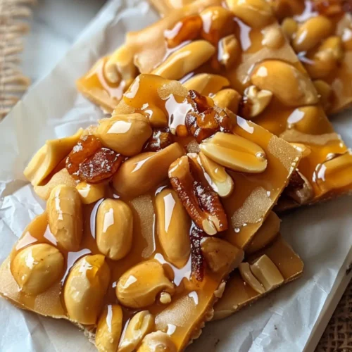 Top-down view of spicy peanut brittle with glossy caramel and whole roasted peanuts on parchment paper.