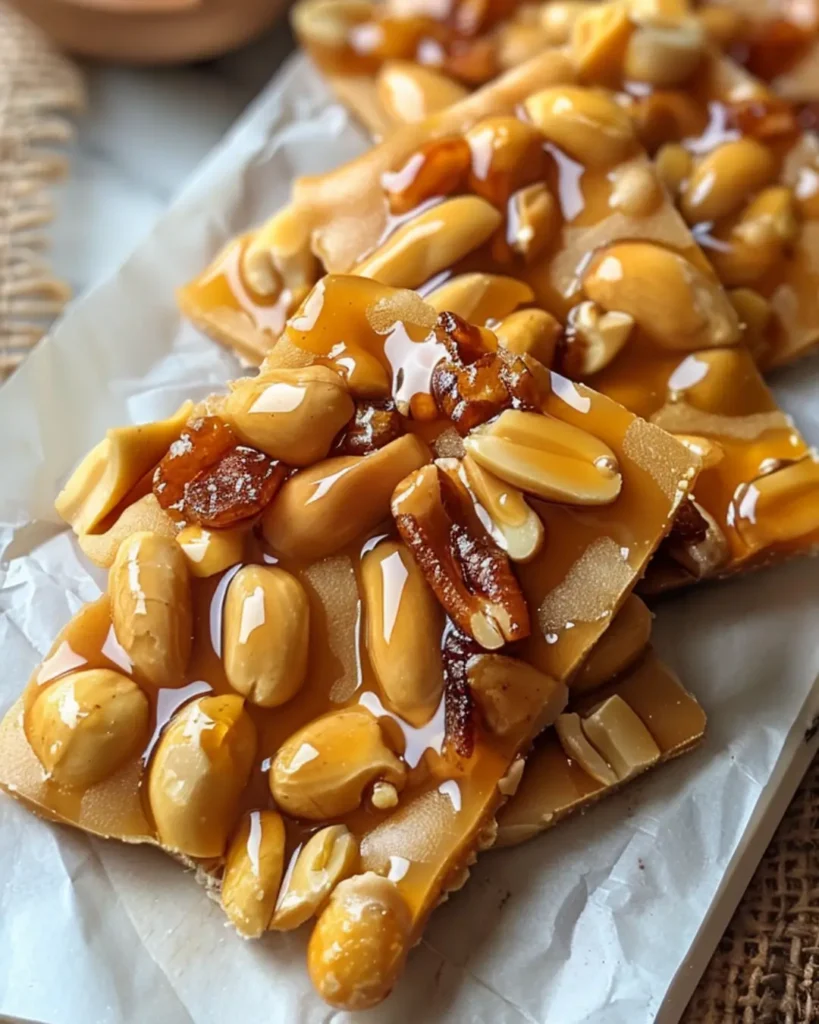 Top-down view of spicy peanut brittle with glossy caramel and whole roasted peanuts on parchment paper.