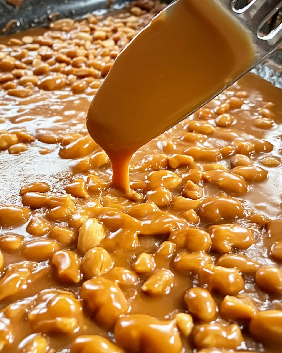 Spatula spreading hot vegan peanut brittle mixture into a thin, even layer on a baking sheet.