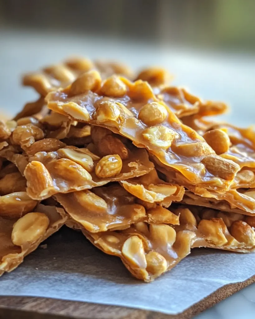 Golden shards of sugar-free peanut brittle stacked on parchment paper, showing roasted peanuts and glossy, crisp texture