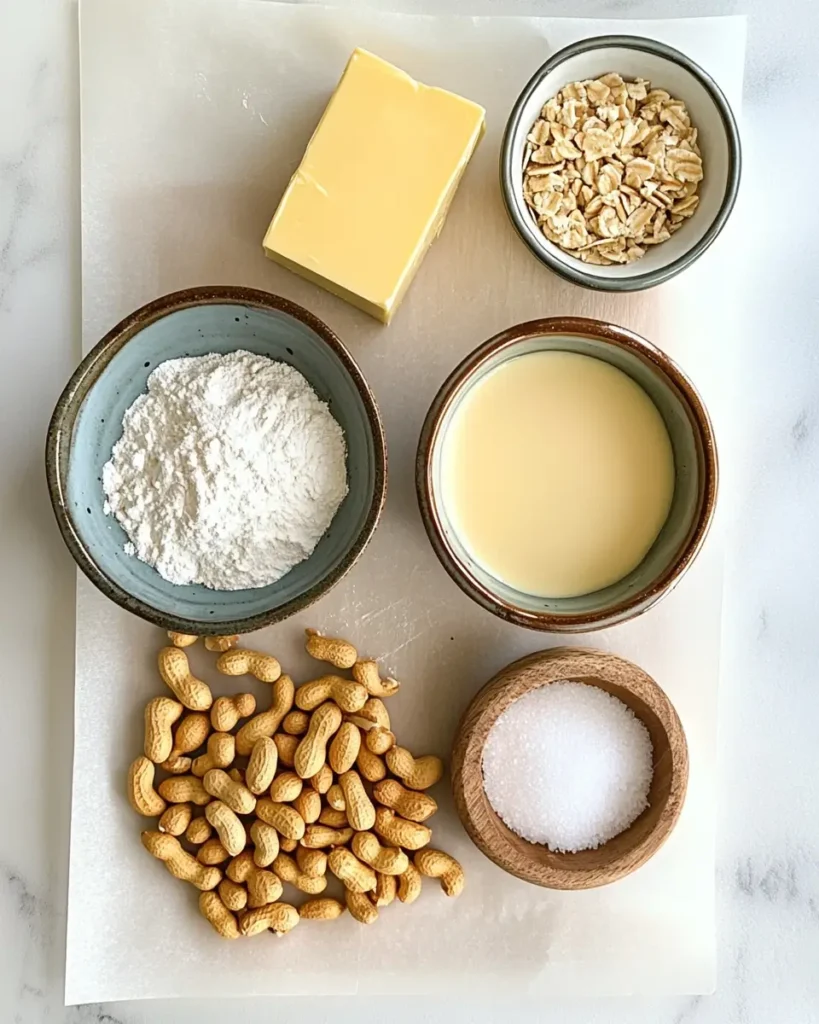 Measured ingredients for sugar-free peanut brittle, including peanuts, butter, sweetener, oats, flour, and condensed milk, on a marble background.