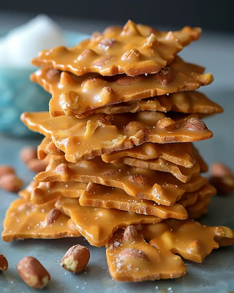 all stack of golden vegan peanut brittle with crunchy roasted peanuts and a glossy
finish.