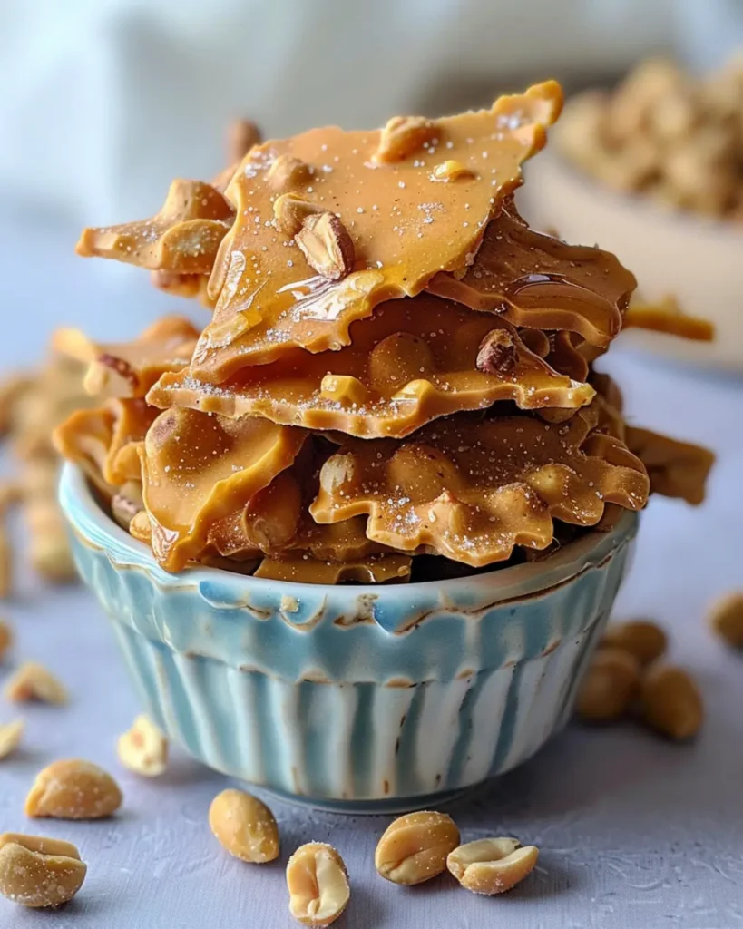 Golden vegan peanut brittle shards stacked in a blue ceramic bowl, surrounded by salted peanuts on a white surface