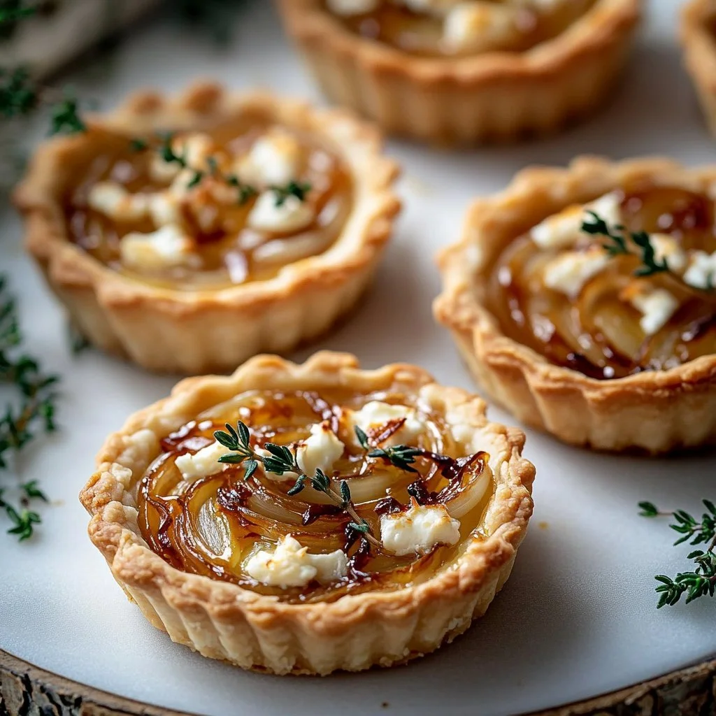 Caramelized onion and goat cheese tarts on a rustic wooden table.