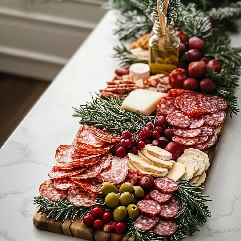 Beautifully arranged Christmas charcuterie board with festive treats.