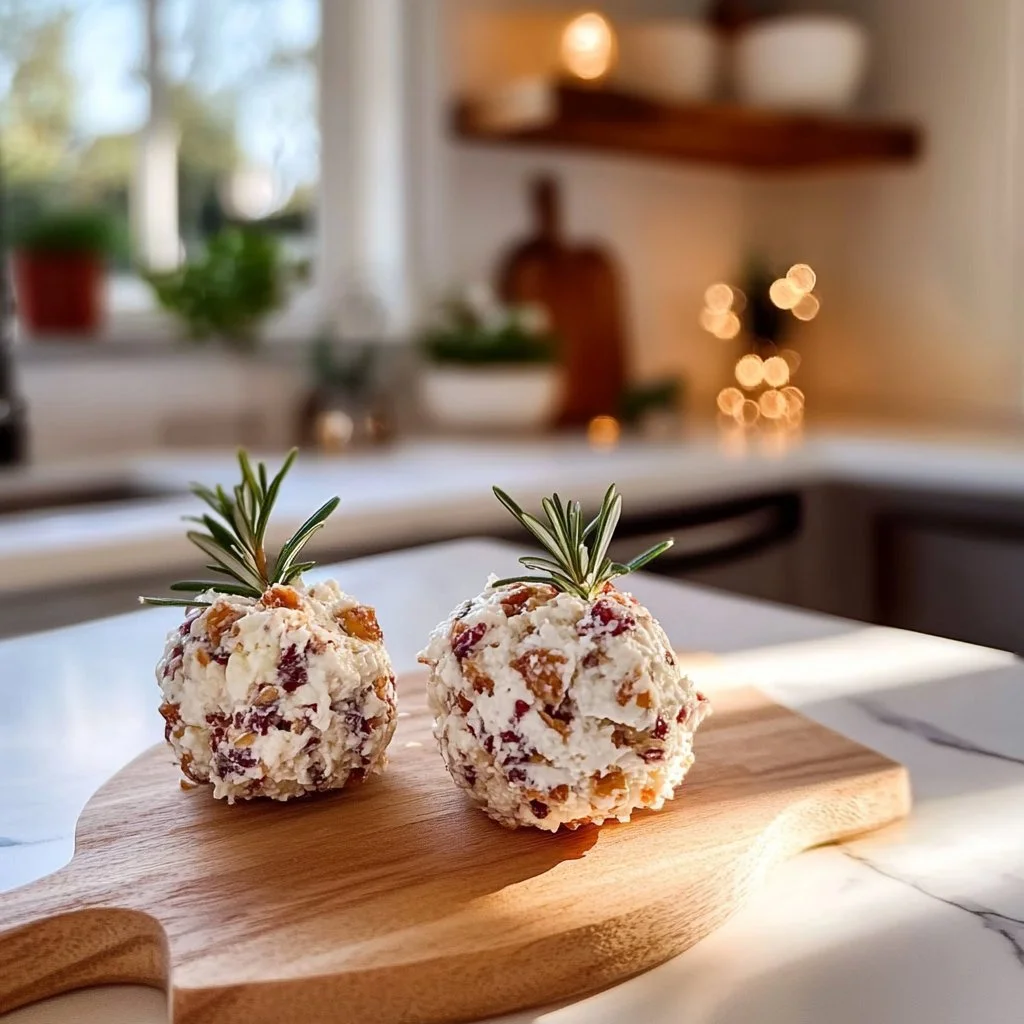 Festive cheese ball garnished with herbs and served on a platter