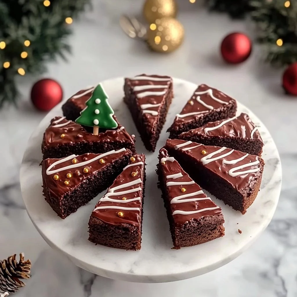Frosted Christmas brownies topped with festive decorations and icing.
